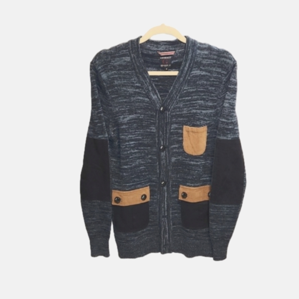 NWOT Goodale blue cotton blend cardigan  with patched  pockets and elbow sz L